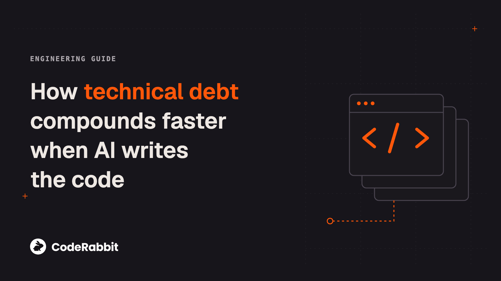 Technical debt compounds faster when AI writes the code: title and connected code windows on a dark mauve grid