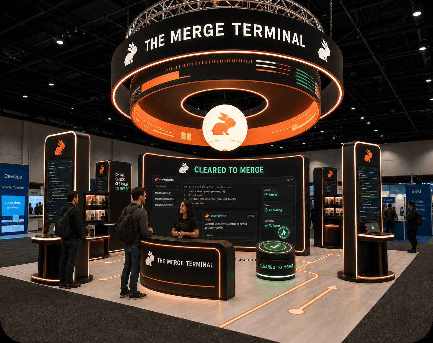 CodeRabbit “The Merge Terminal” booth at AWS re:Invent — a circular overhead sign, review screens showing “Cleared to merge”, and a welcome desk.
