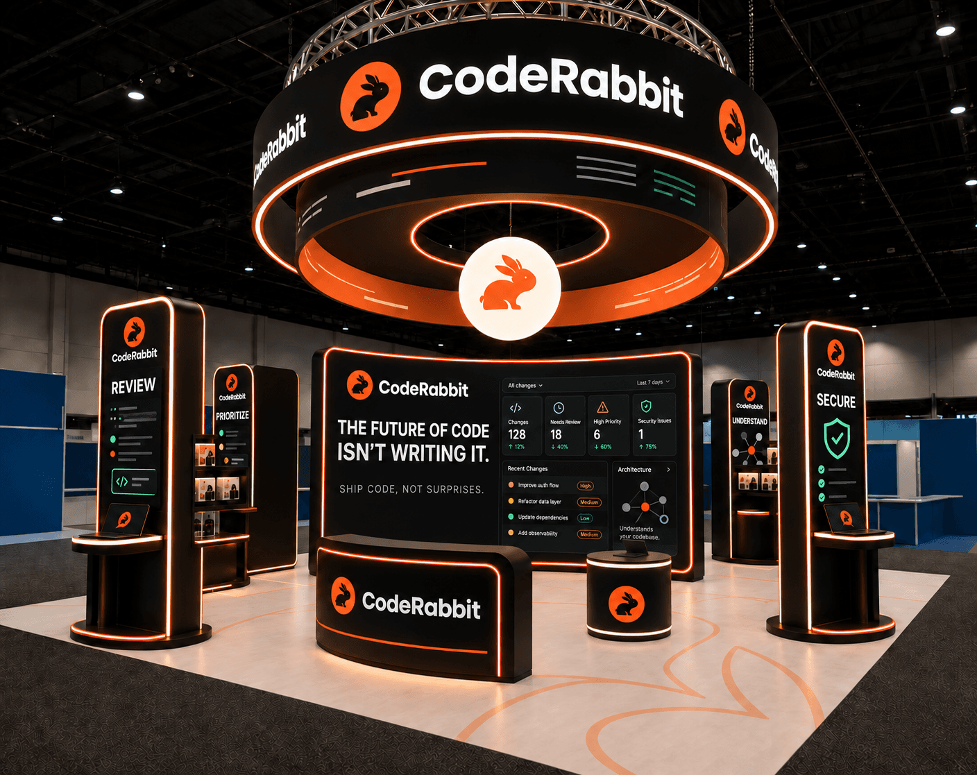 CodeRabbit “The Merge Terminal” booth at AWS re:Invent — a circular overhead sign, review screens showing “Cleared to merge”, and a welcome desk.