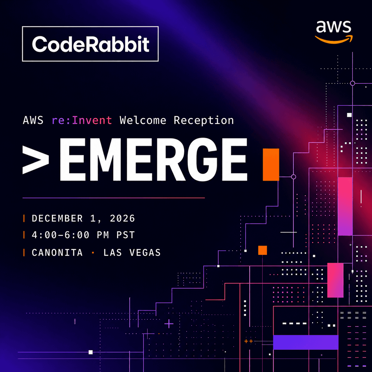 EMERGE — AWS re:Invent Welcome Reception. December 1, 2026, 4:00–6:00 PM PST at Canonita, Las Vegas.