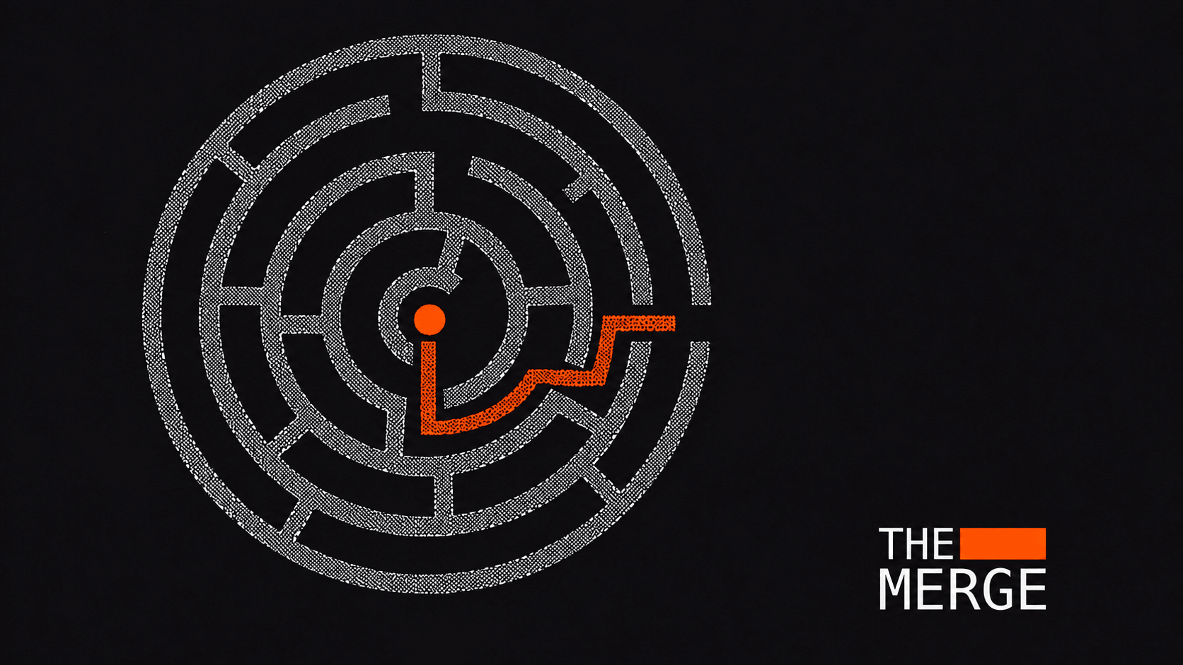 An orange path through a circular maze beside The Merge logo.
