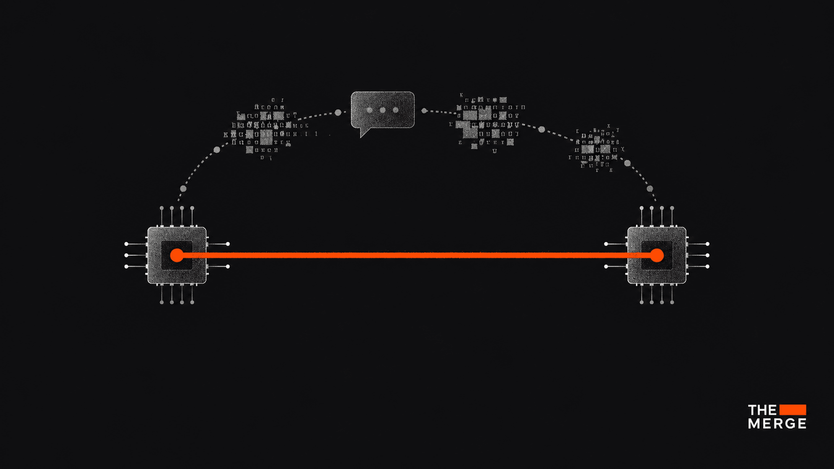 Two computer chips joined by a direct orange line, with a longer gray route through text and a speech bubble above them on a dark background.