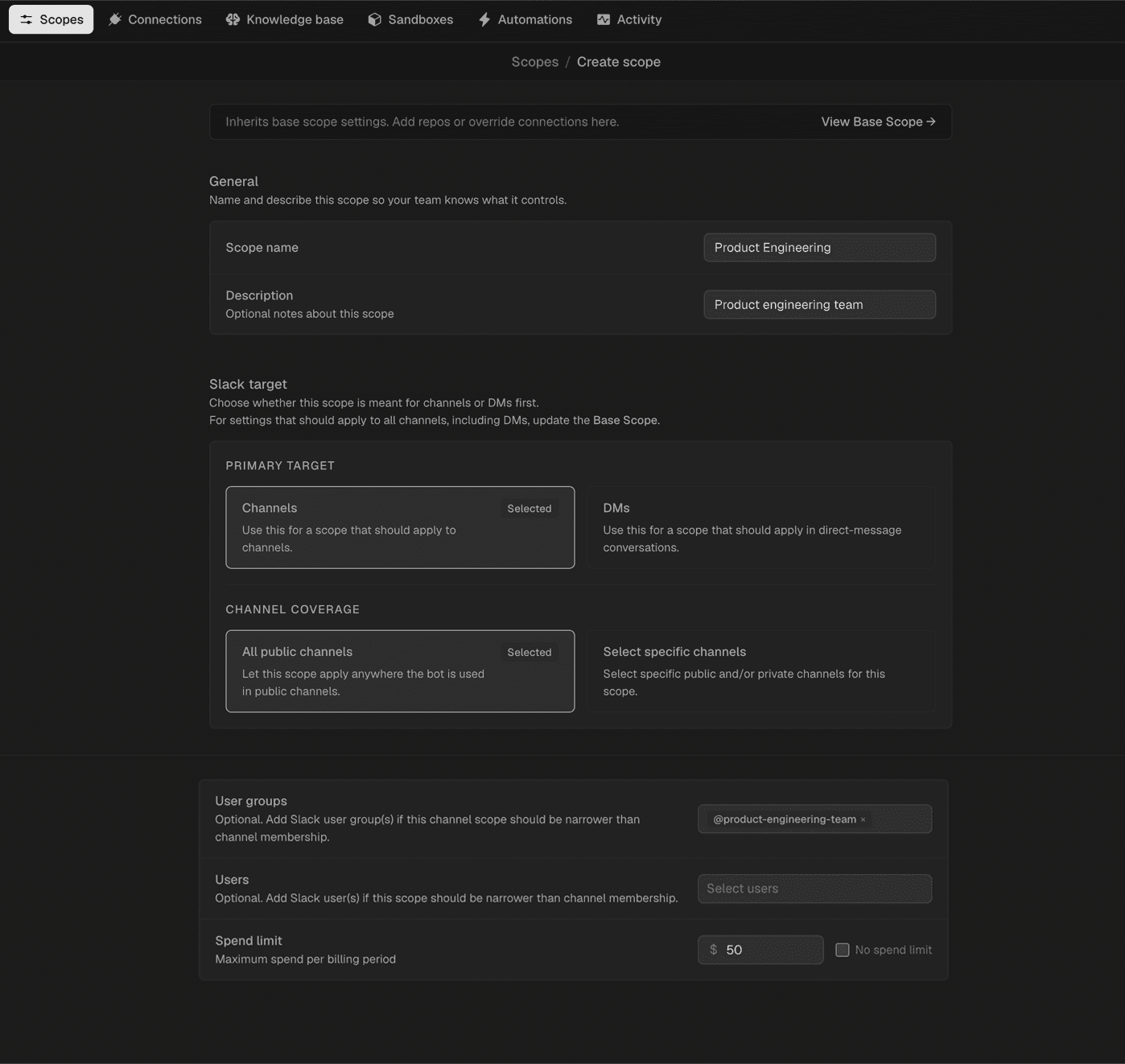 ページ作成設定のダークUI。一般、コンテンツタイプ、言語、レイアウト、SEOの設定が表示されている。