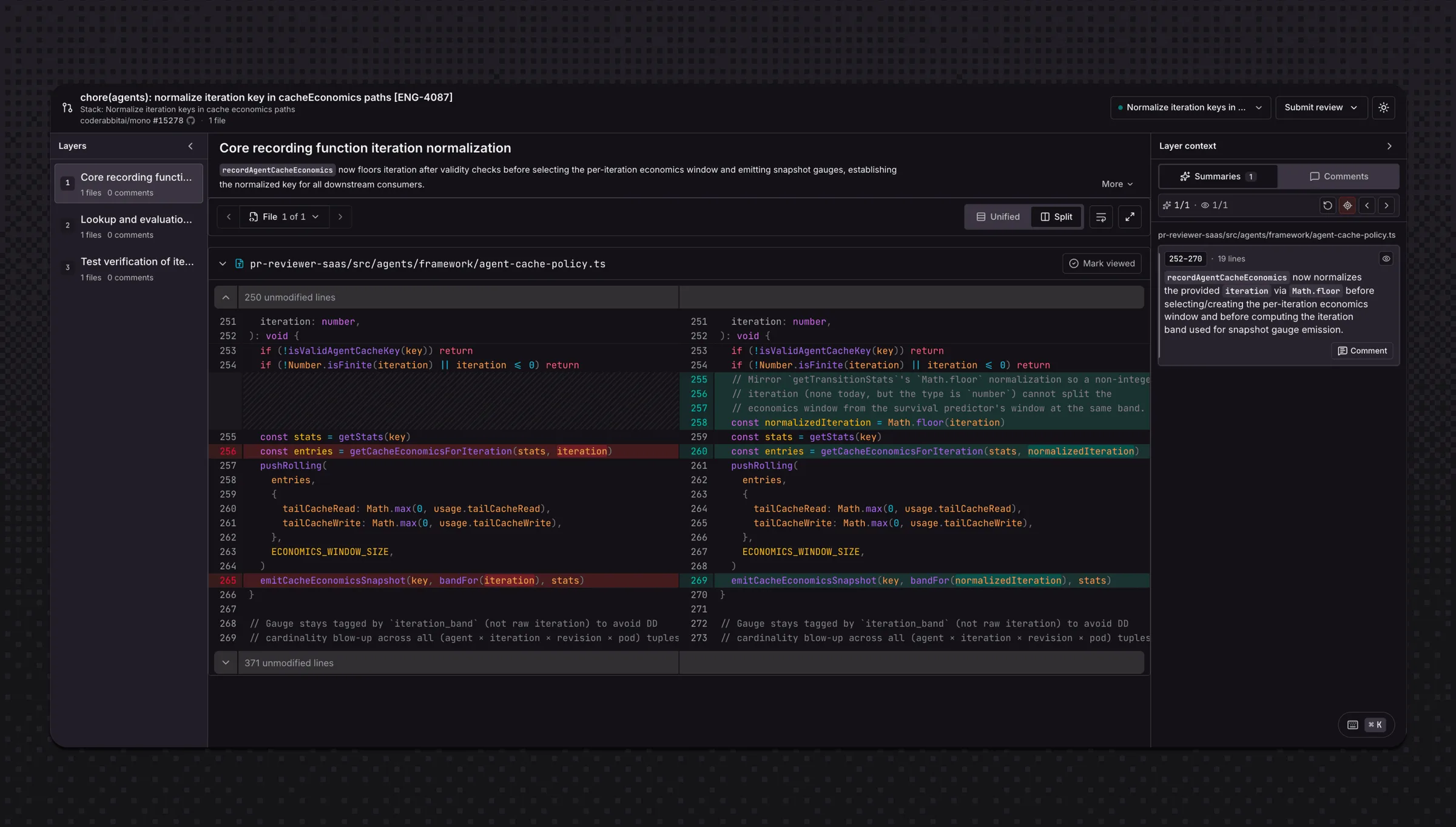CodeRabbit Change Stack organizes large pull requests into review layers that show summaries, affected areas, and changed code.