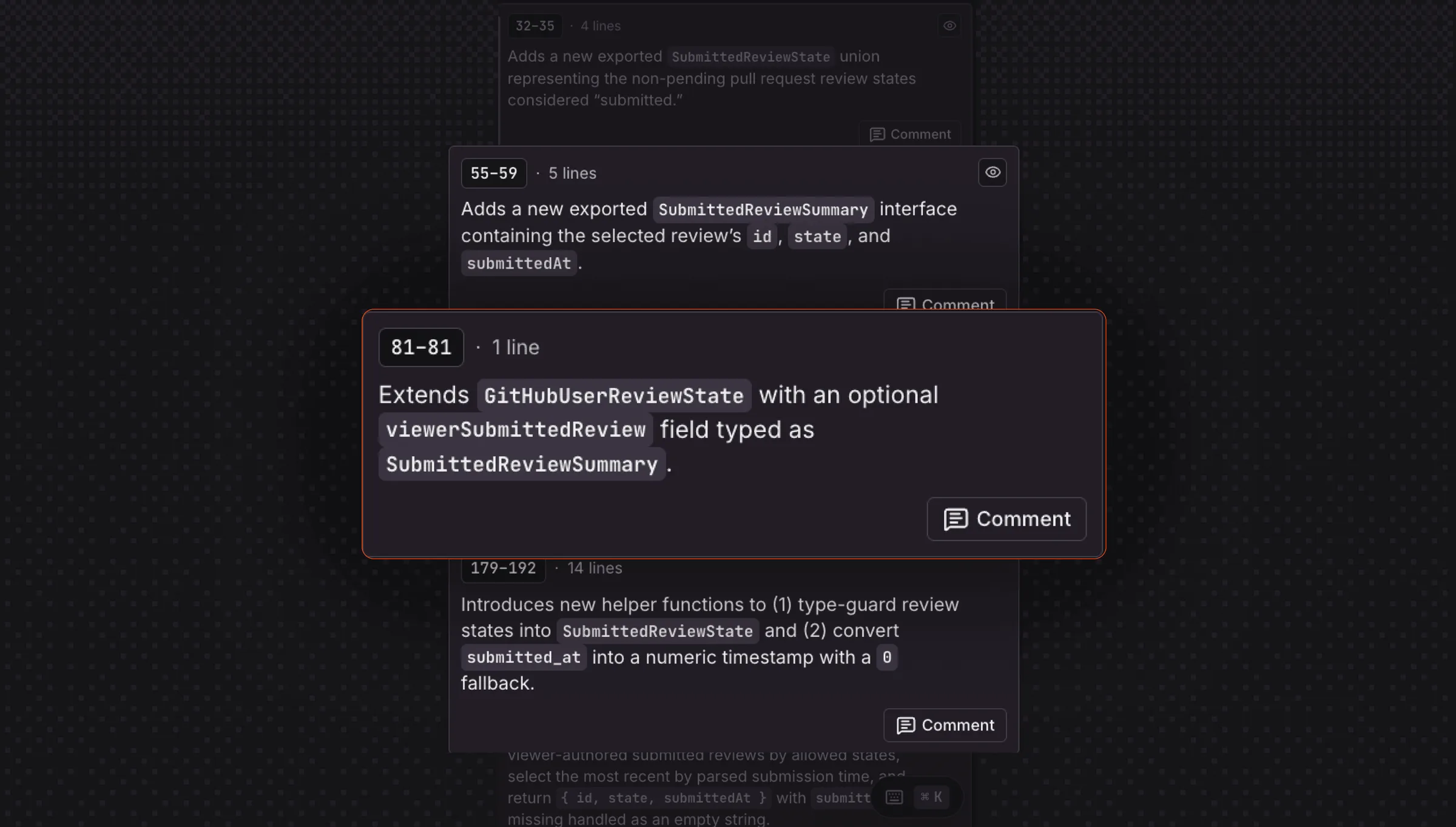 CodeRabbitのレンジサマリーは、変更されたコード範囲ごとに挙動レベルの説明を添付します