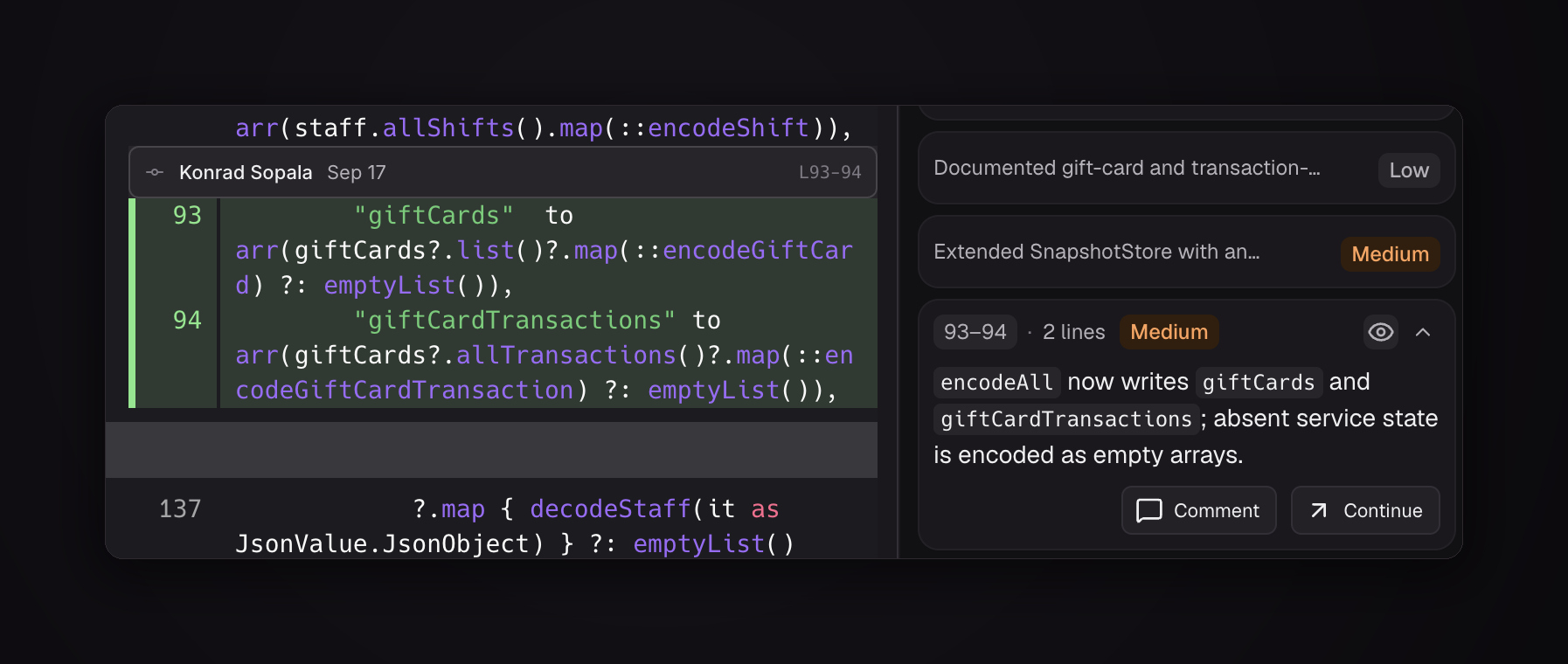 A Change Stack finding for lines 93 to 94 explains that encodeAll now writes gift cards and gift card transactions, shown beside the exact lines of the diff it describes.