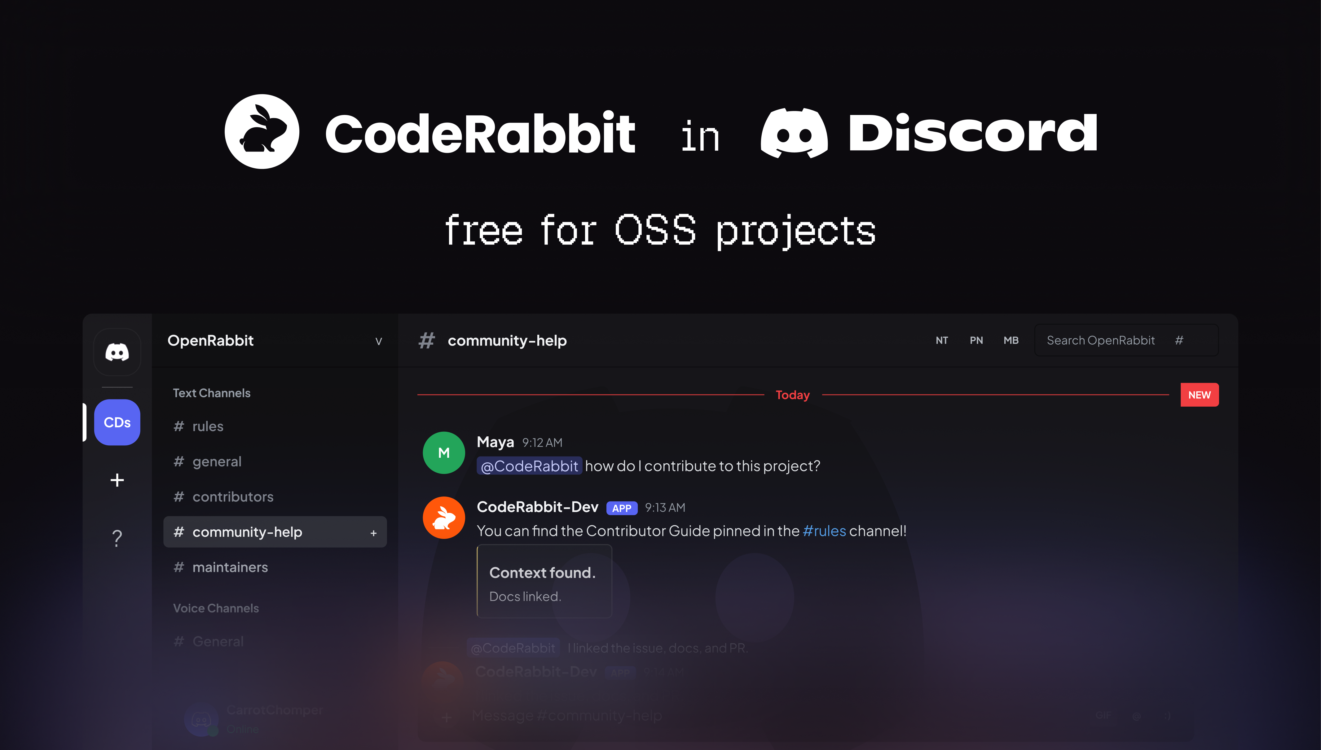 CodeRabbit for Discord helps open source communities answer questions with project context.
