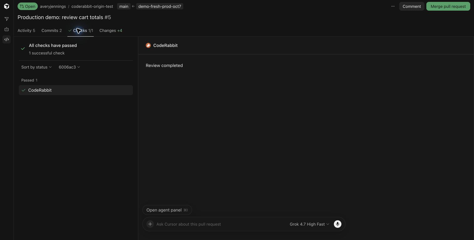 An Origin pull request shows a completed CodeRabbit review and a passing check after the correction.