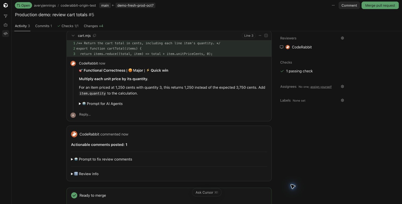 CodeRabbit flags a cart-total calculation that ignores item quantity in an Origin pull request.