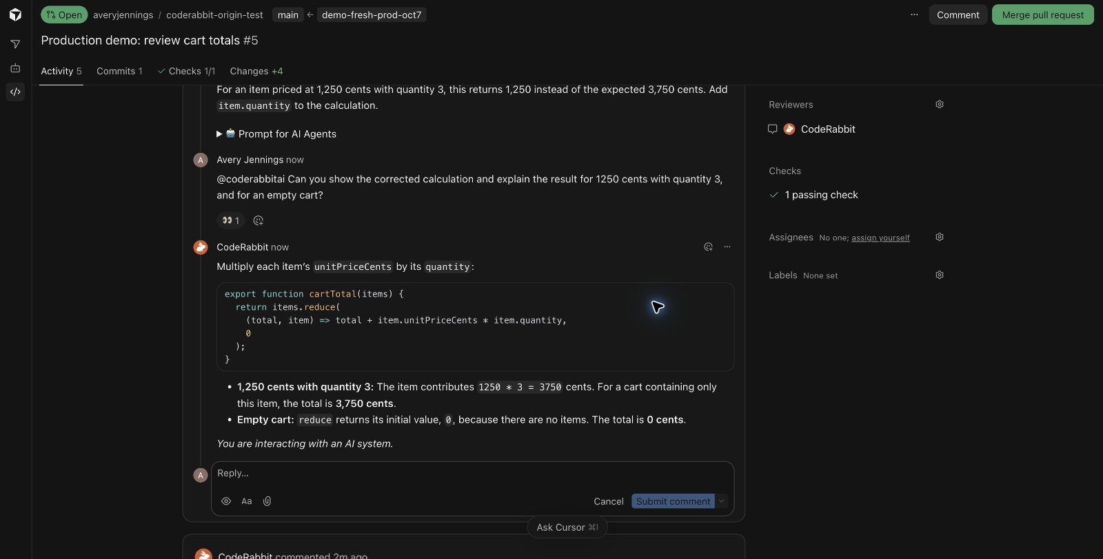 CodeRabbit responds in an Origin pull request thread with corrected code and examples for a three-item cart and an empty cart.