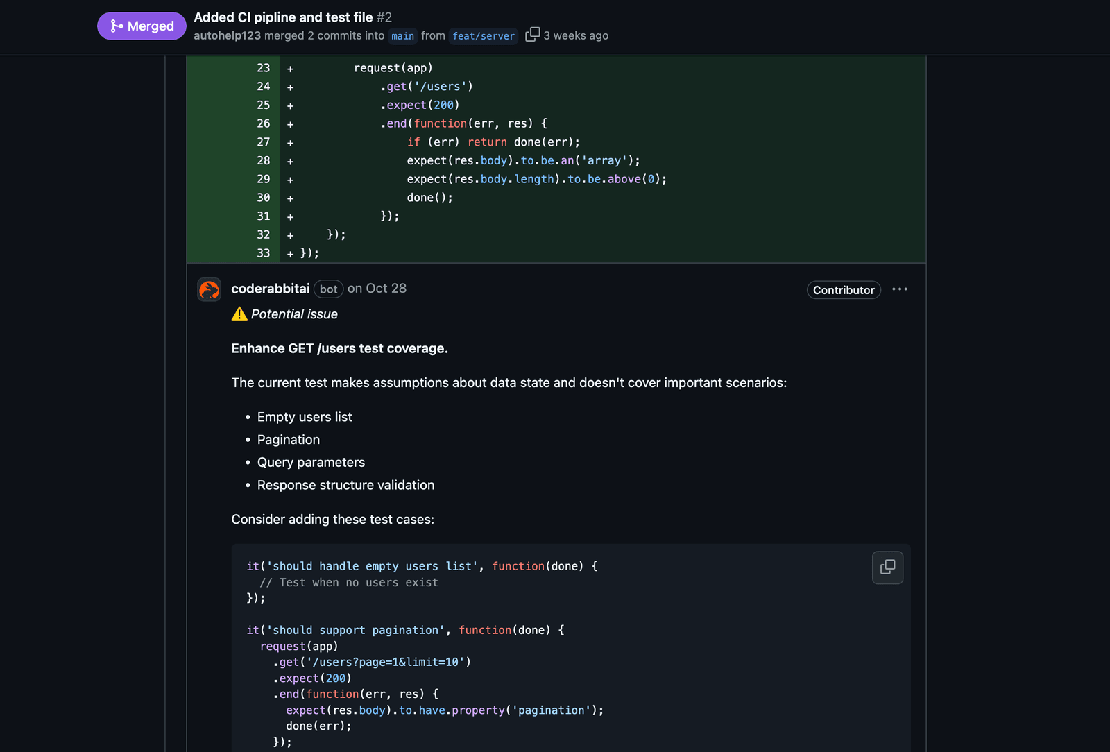 CodeRabbitがテストの潜在的な問題を検出した画面