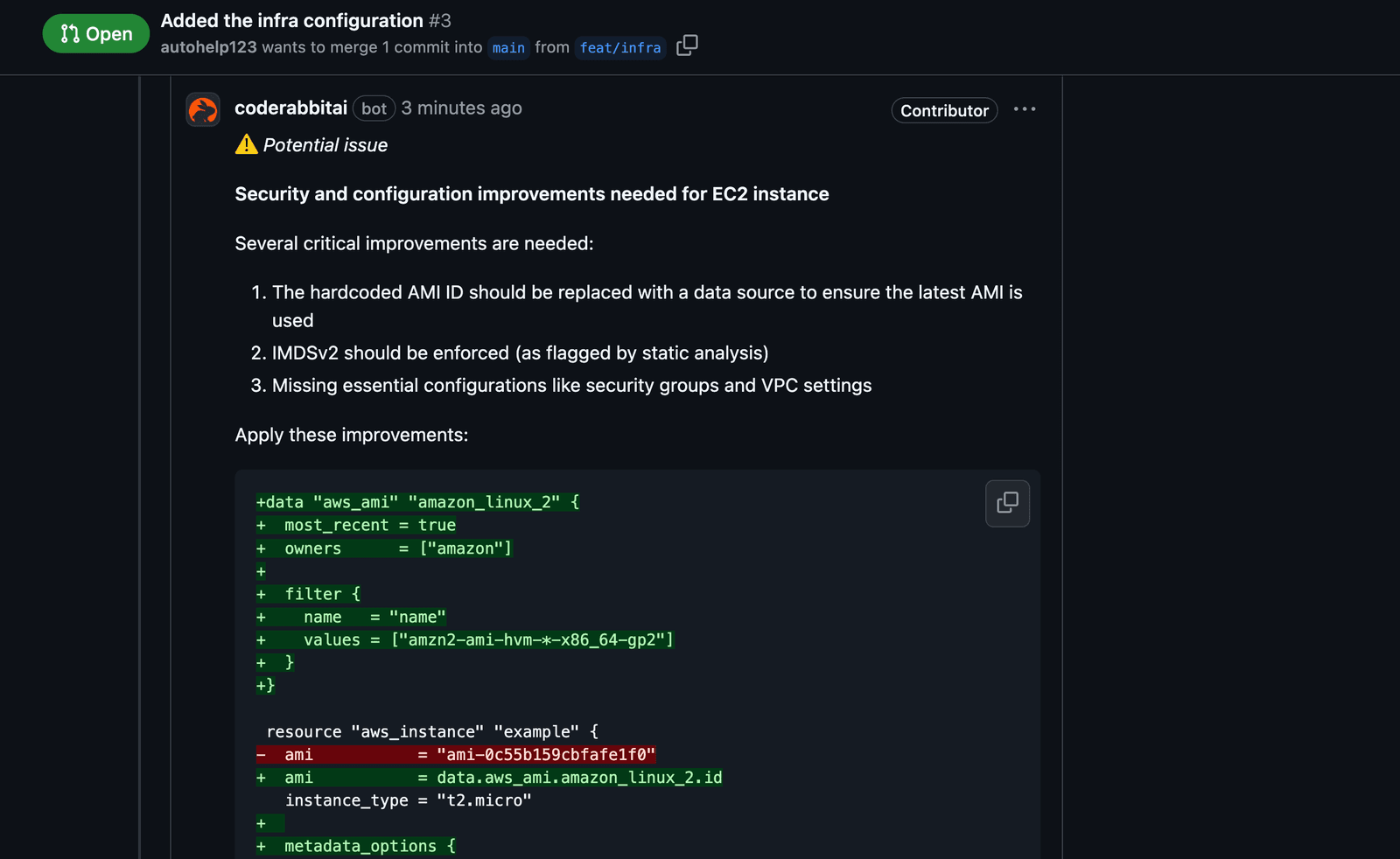 CodeRabbitがセキュリティ改善を指摘した画面