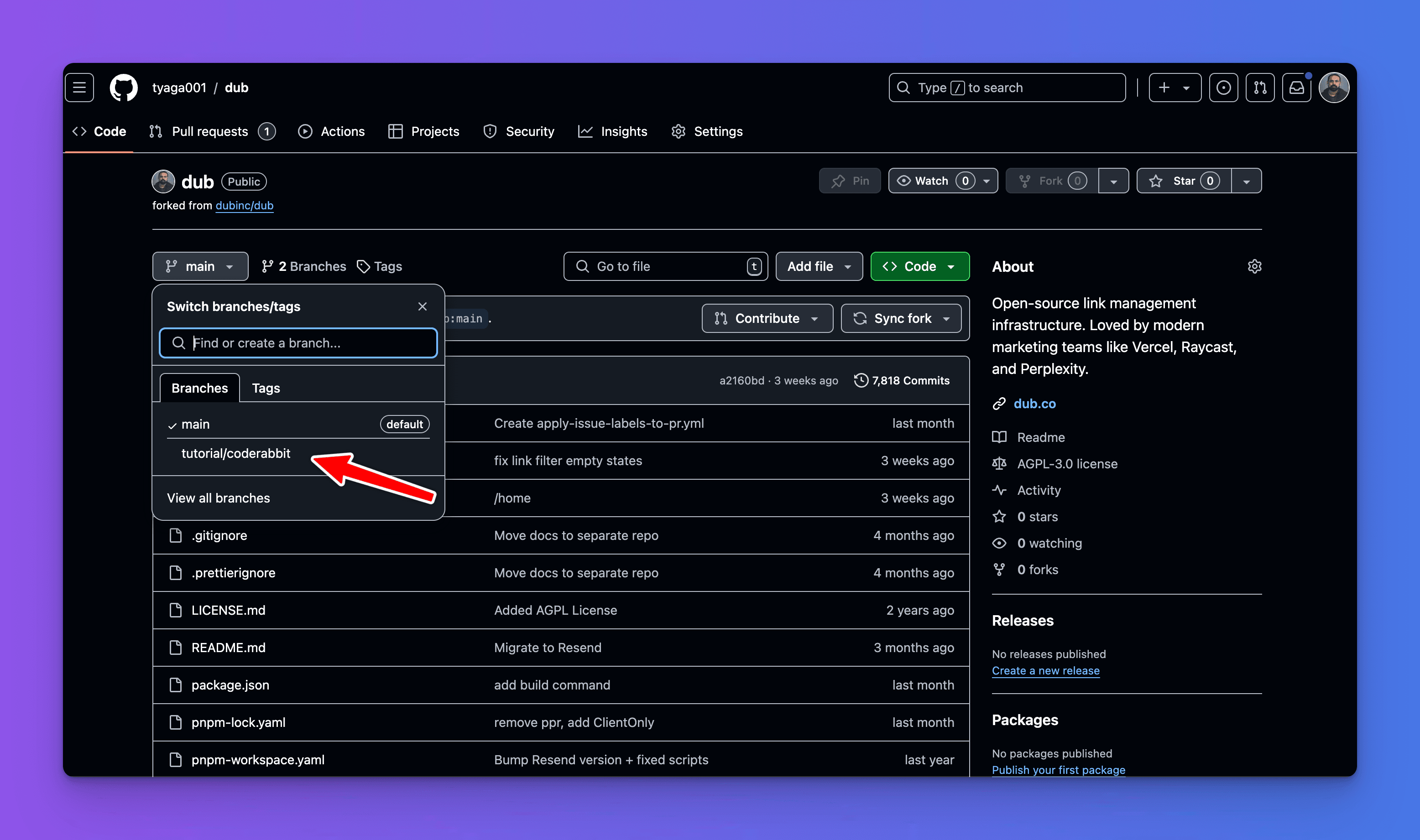 「tutorial/coderabbit」がハイライトされたブランチ選択を示すGitHubリポジトリ