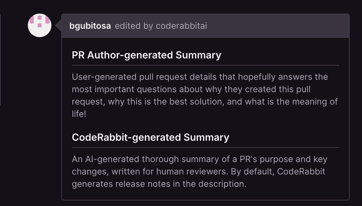 PR作成者によるサマリーとCodeRabbitのAI生成サマリーの比較。