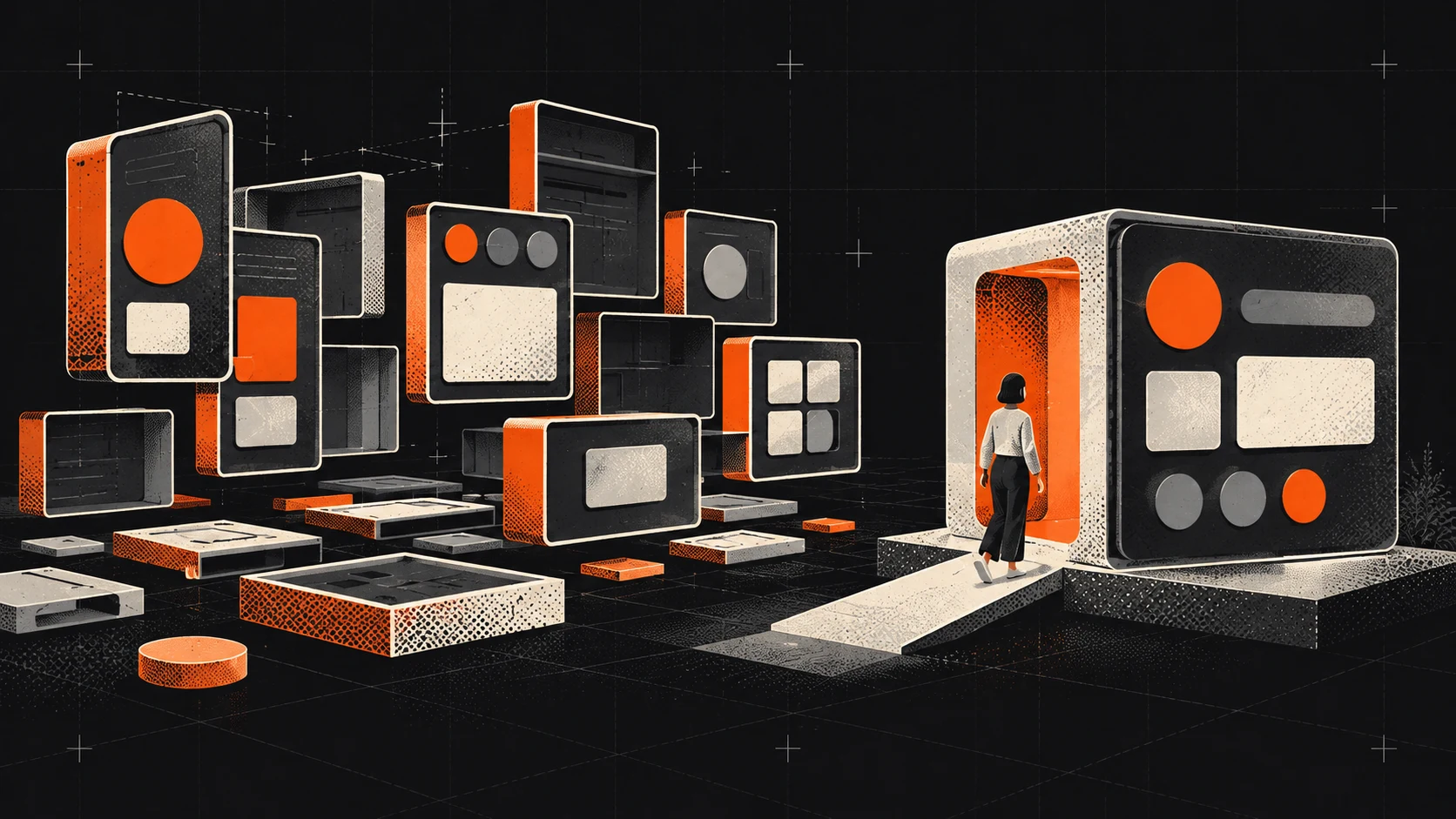 A person approaches a finished application while unfinished interface components lie nearby.