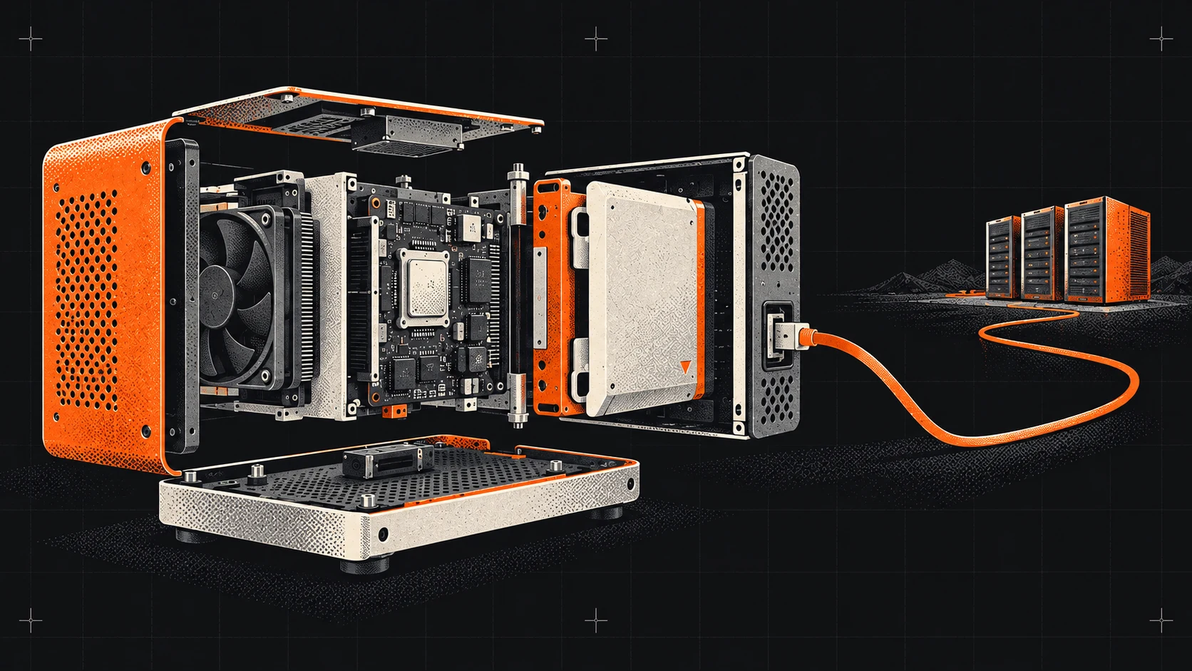 An exploded view of a local computer connected by an orange cable to a server rack.