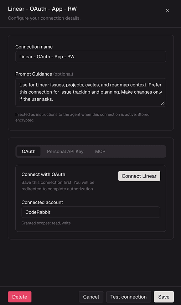 Dark mode form for configuring a Linear connection with GitHub, showing CodeRabbit Agent connected.