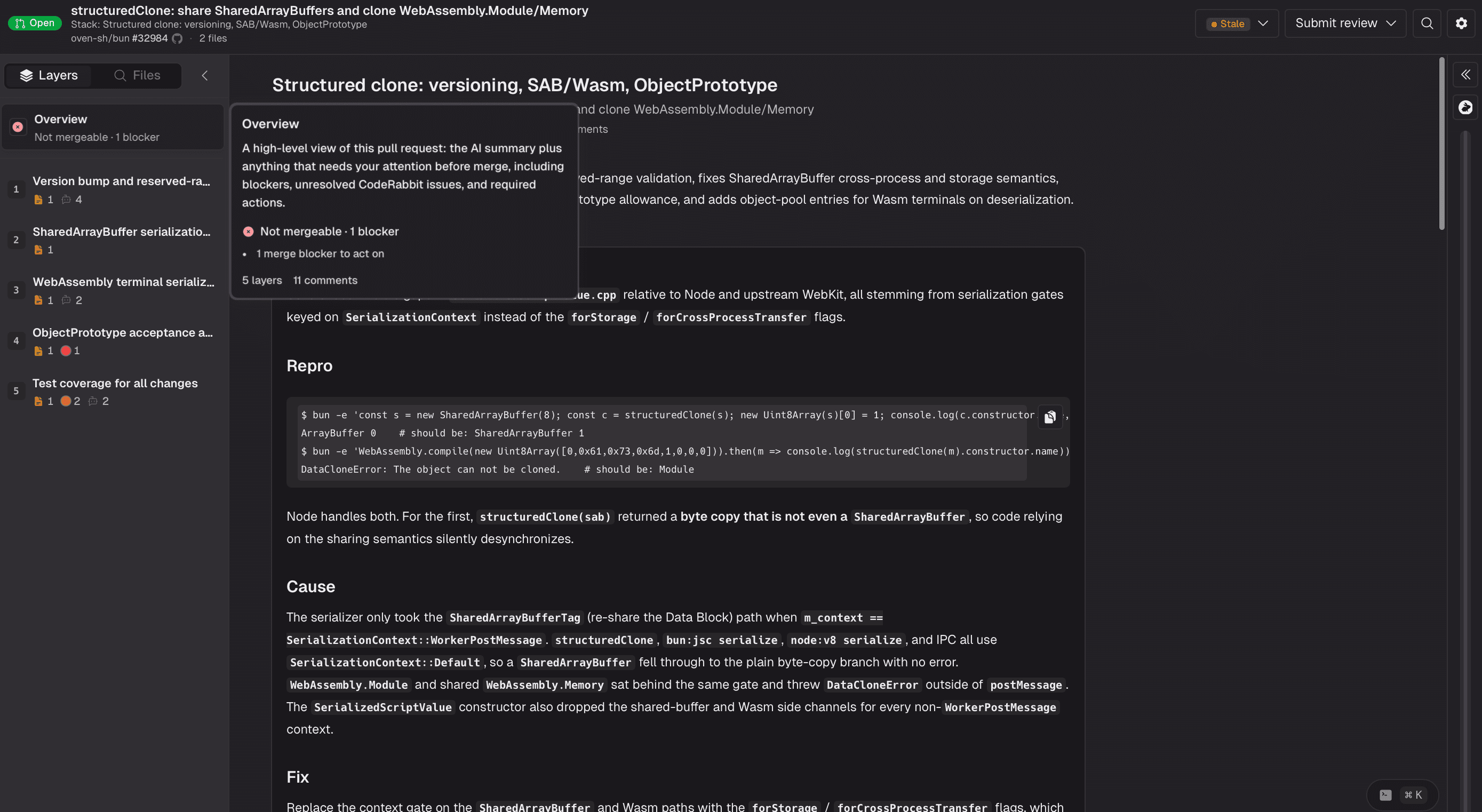 GitHubのページに、開かれた「Overview」の要約ボックスとともにPRが表示されている。