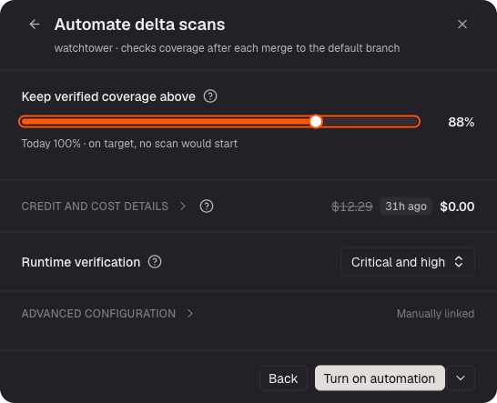 Automate delta scans dialog with a verified-coverage target slider set to 88%, credit and cost details, and a runtime verification setting