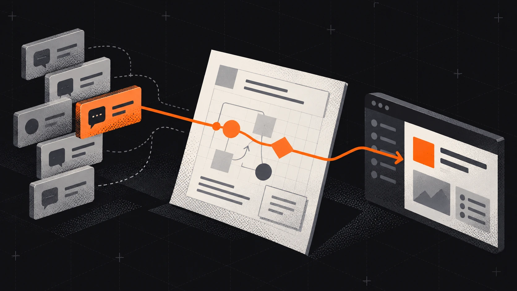 他の要望は引き続き検討されるなか、選ばれた1つの顧客要望が、オレンジ色の経路に沿って製品計画から動作するインターフェースへと進む。