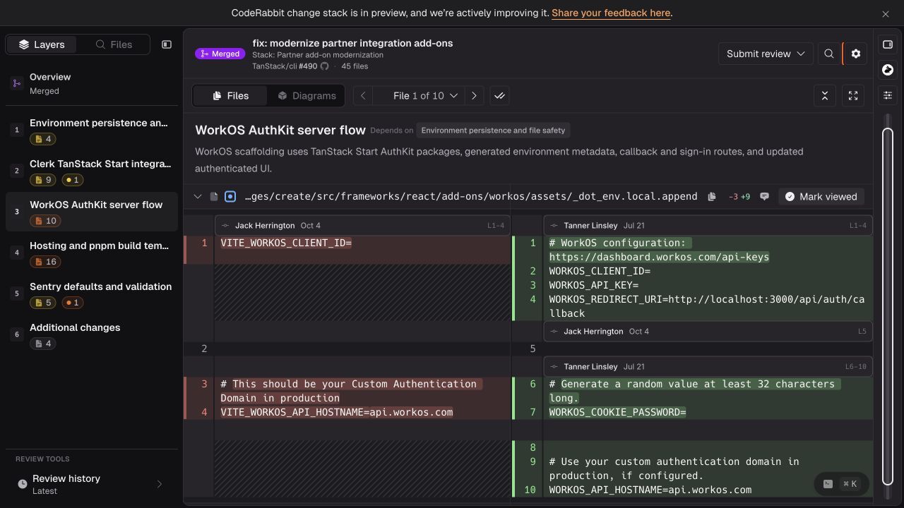 CodeRabbit Change Stack showing a pull request organized into semantic layers with a focused file diff.