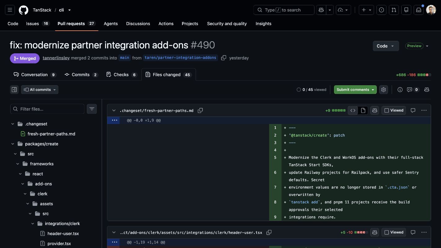 GitHub pull request file tree and diff view showing a large, fragmented change spread across many files.