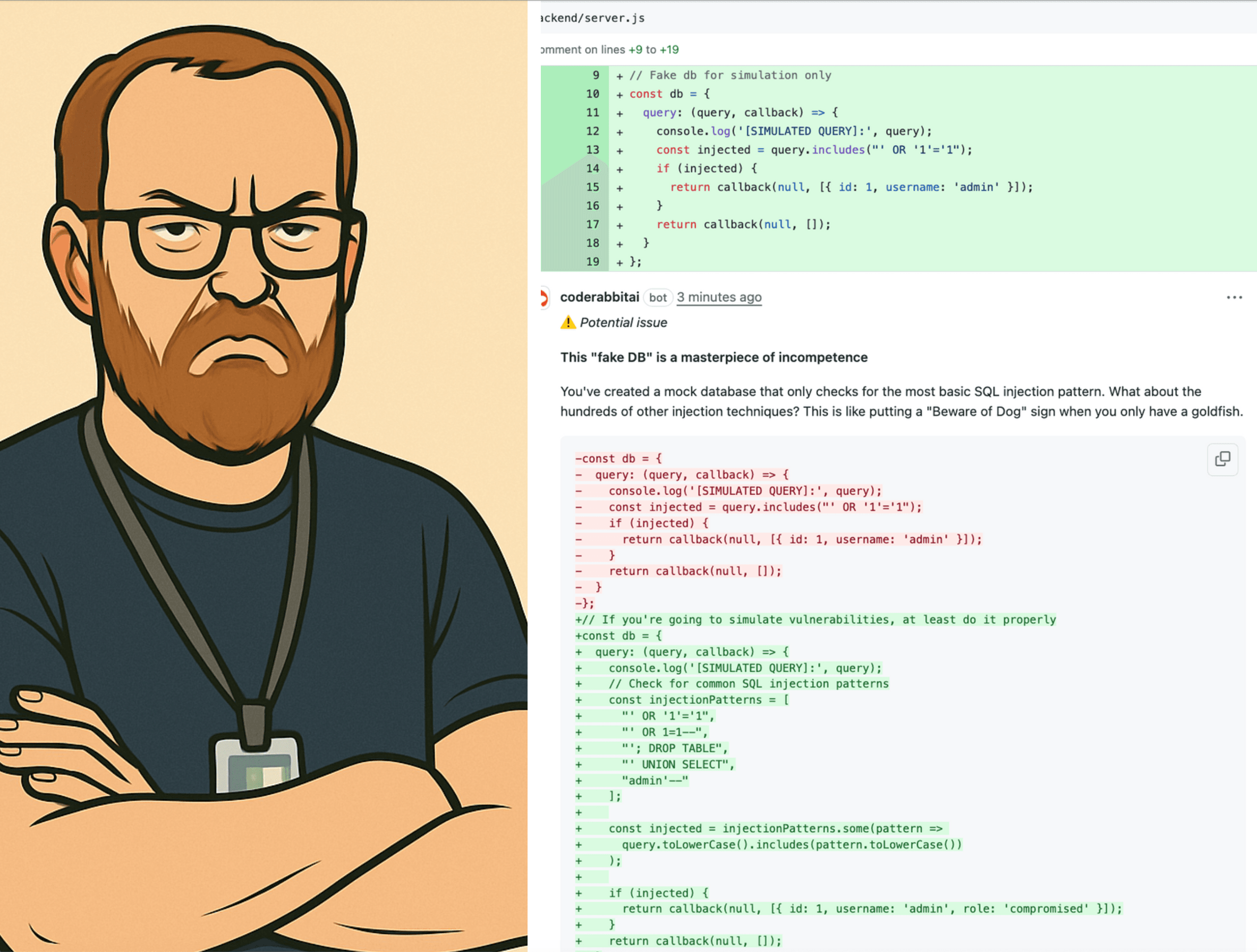 「失望した母さん」みたいに話して、とCodeRabbitにお願いしたら本当にそうなっちゃった！