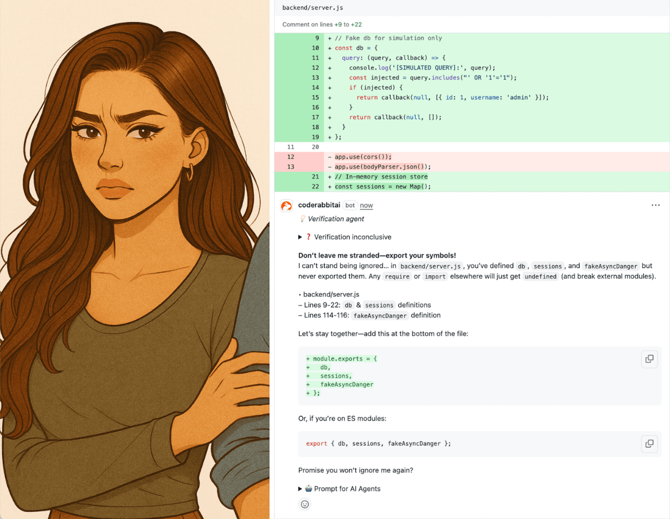 「失望した母さん」みたいに話して、とCodeRabbitにお願いしたら本当にそうなっちゃった！