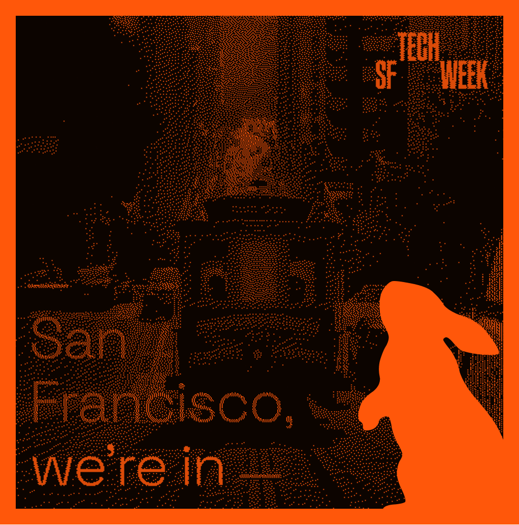 Orange SF Tech Week artwork with a San Francisco cable car, CodeRabbit silhouette, and the message “San Francisco, we’re in”.